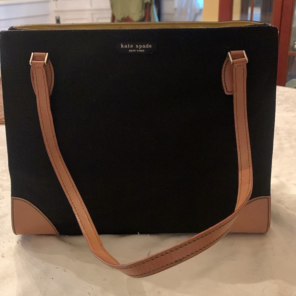 Elegant Kate Spade Black Fabric with Tan Leather Handbag (vibrant green lining)